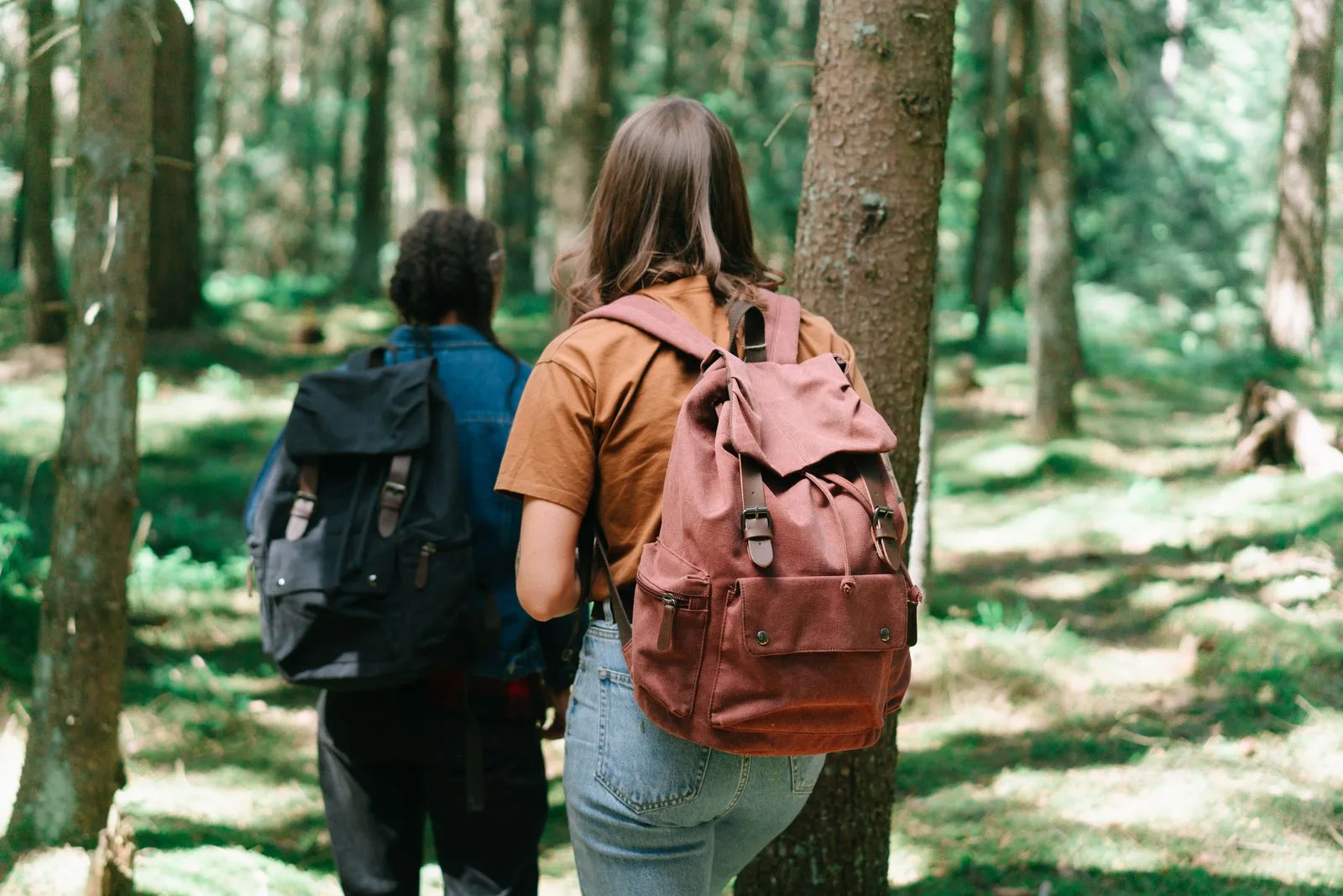 Two people walking through a forest wearing flap-top canvas backpacks in black and rust