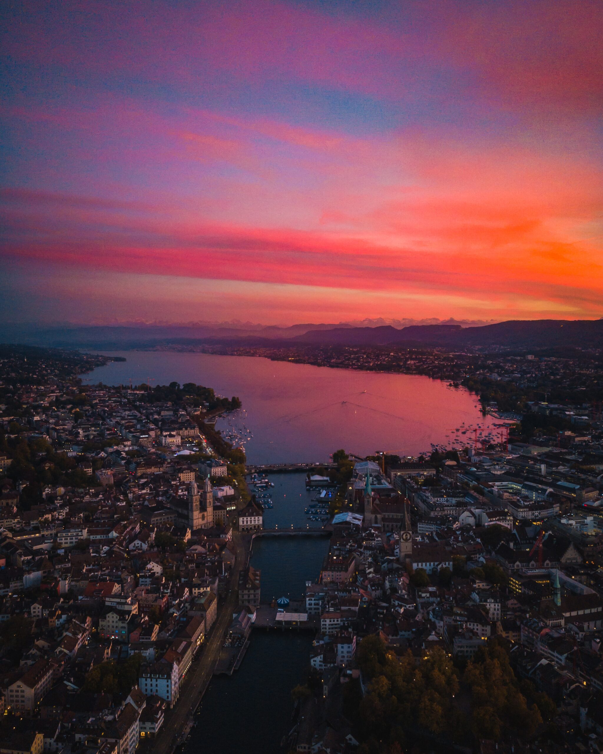 Aerial view of Zurich with lake in background