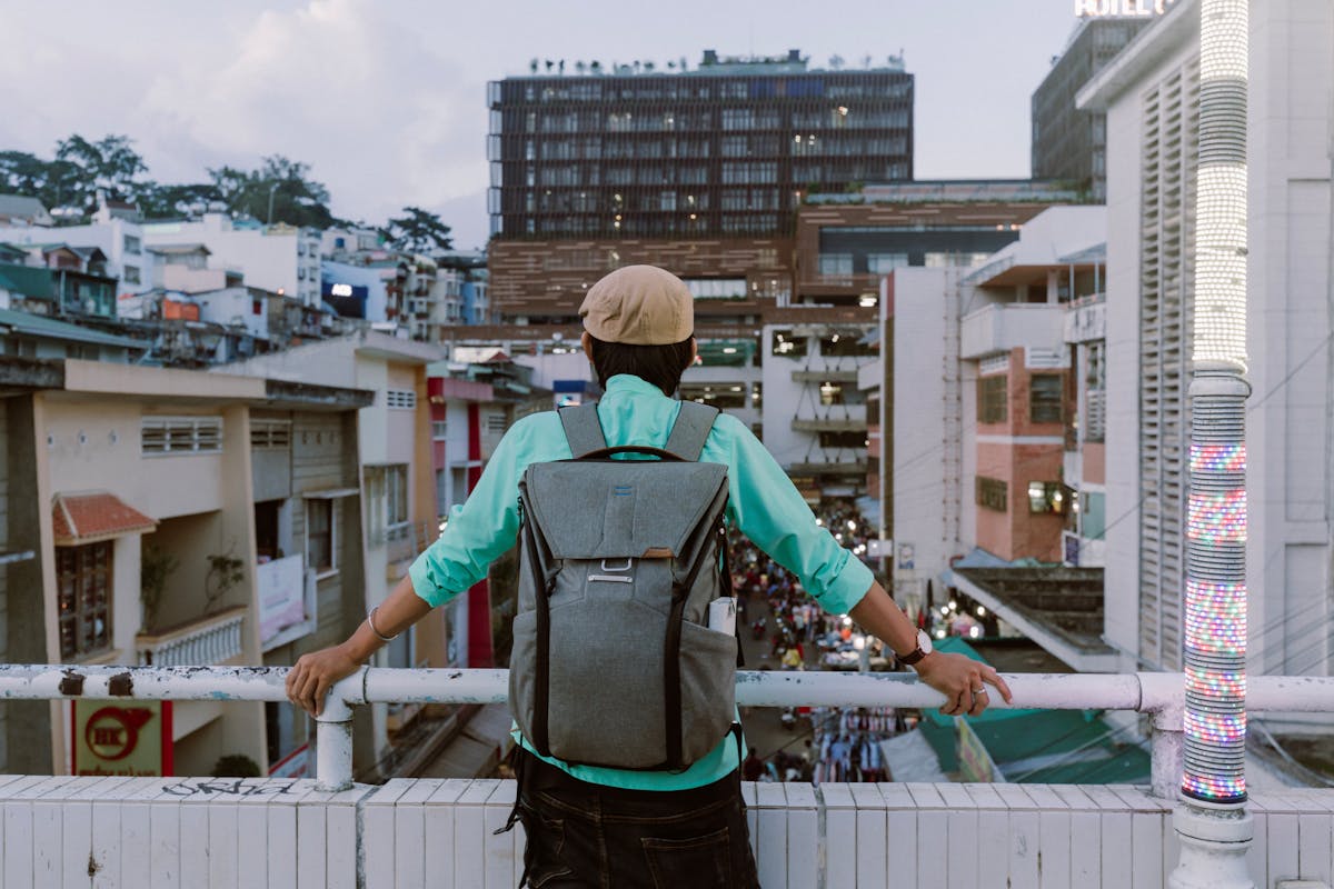 Minimalist backpack in urban city setting for everyday carry