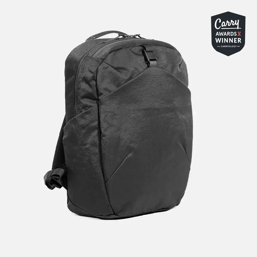 Aer Go Pack 2 in black, three-quarter view showing Cordura crinkle nylon shell and YKK zippers
