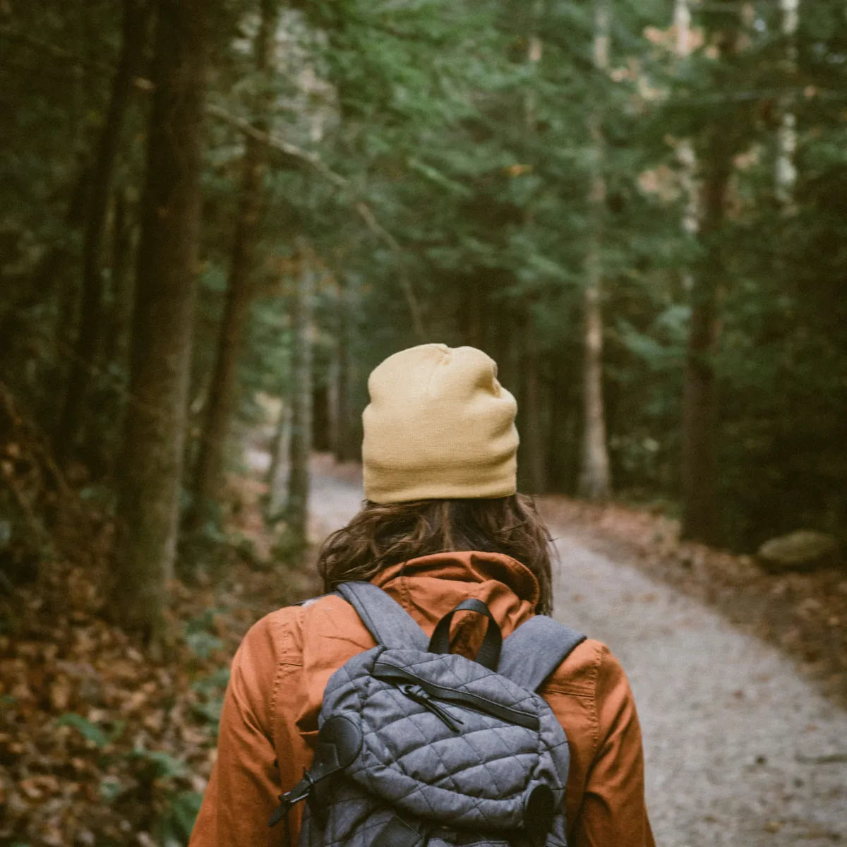 Woman walking into a forest with a compact hiking daypack, context for day-hike use
