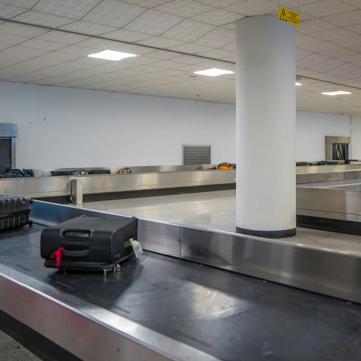 Suitcases moving along an airport baggage carousel where most luggage damage happens