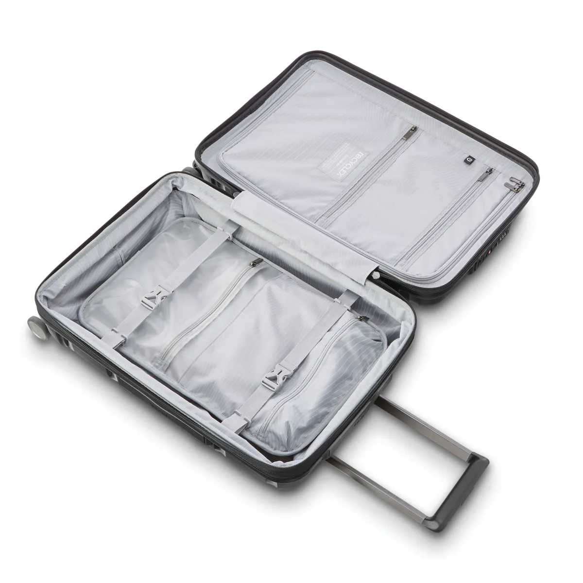 Interior view of the Samsonite Outline Pro with zippered divider and compression straps