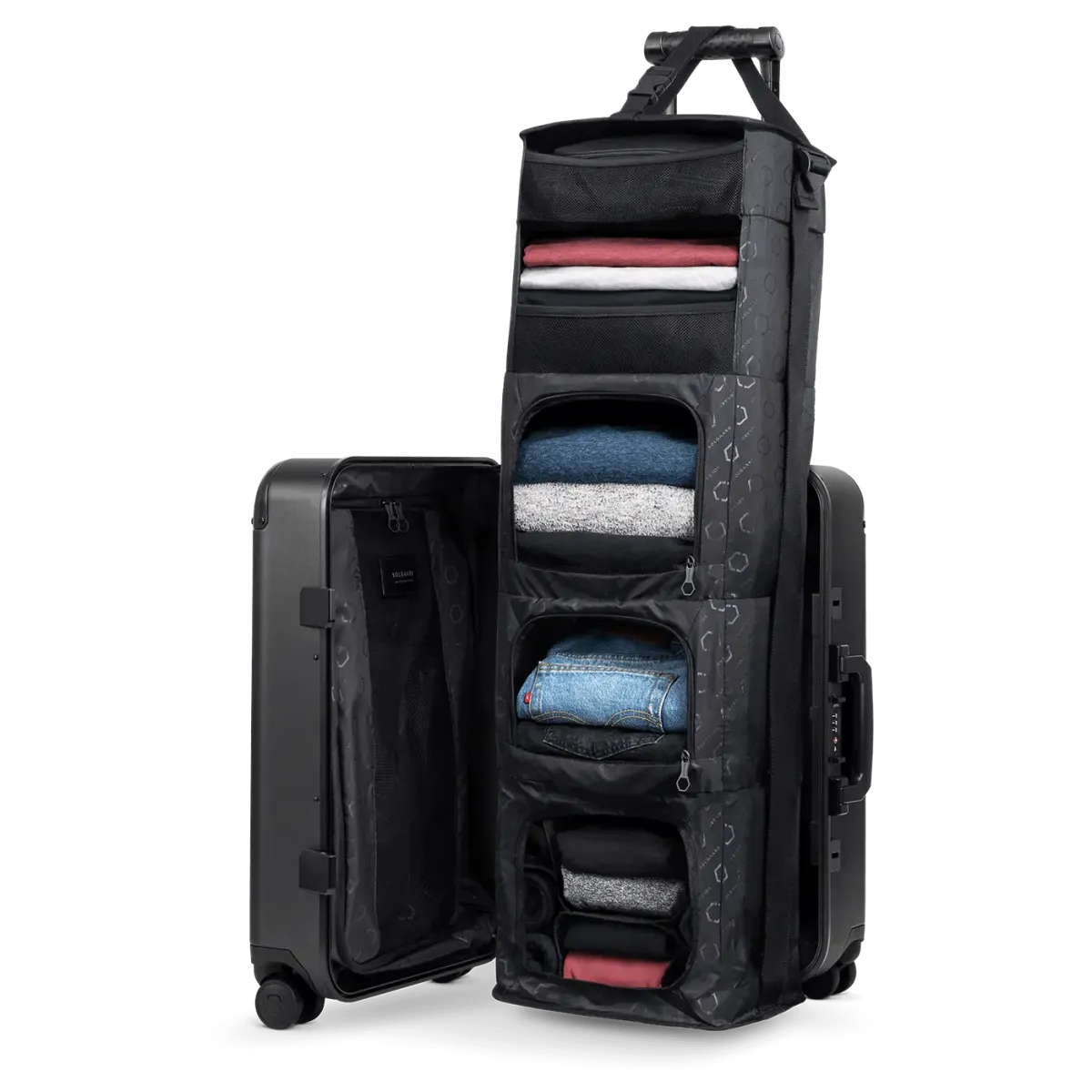 Solgaard Carry-On Closet opened to show the patented five-shelf FlowCloset system