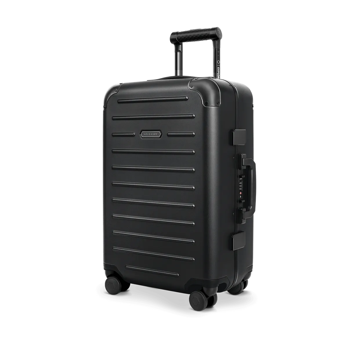 Solgaard Carry-On Closet in black, three-quarter view showing hard polycarbonate shell and 360-degree spinner wheels