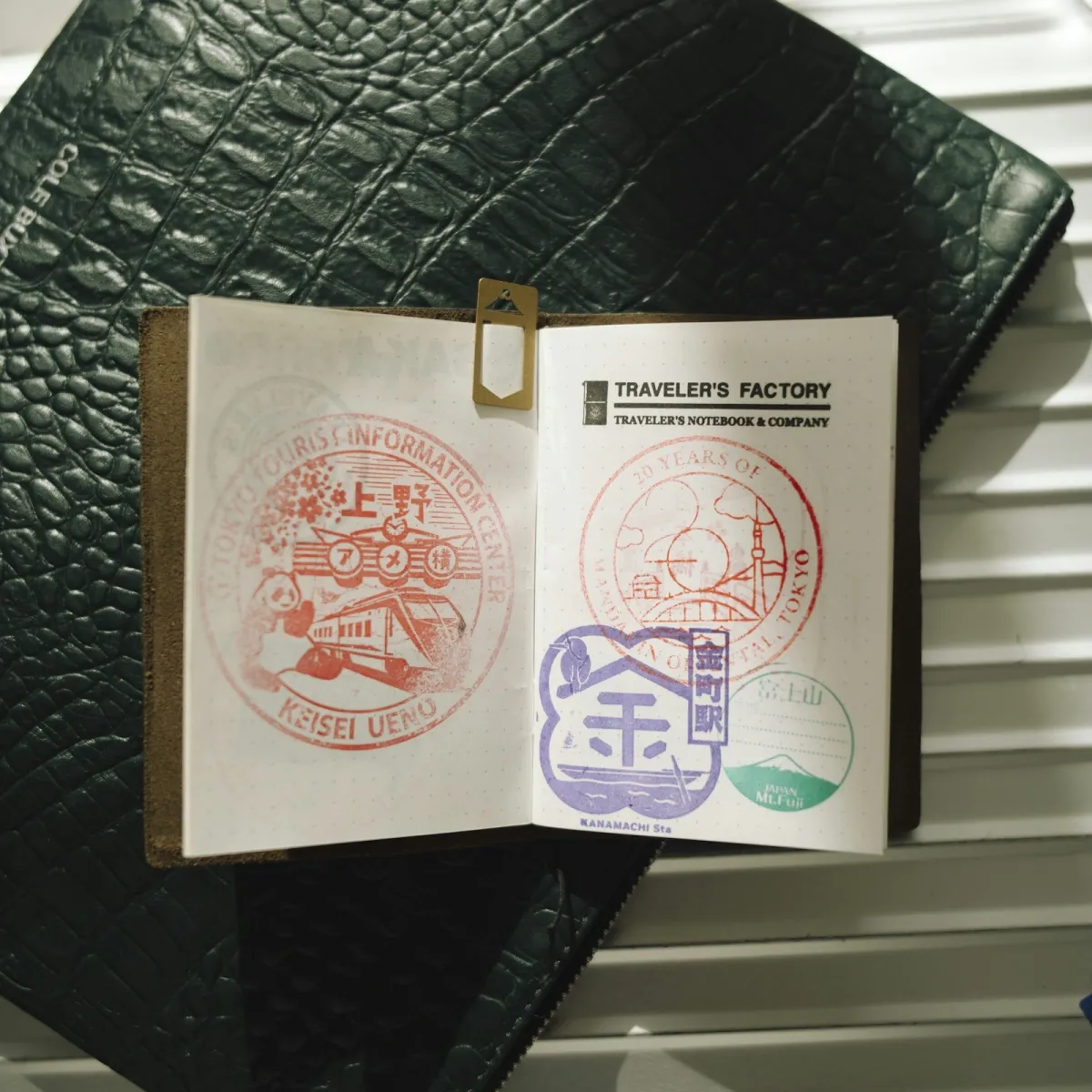 Open passport with colorful stamps laid out alongside travel accessories, the kind of items a travel wallet keeps together.
