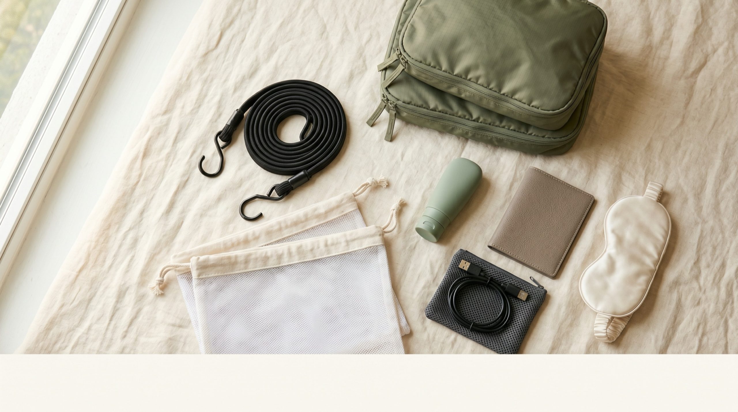 Editorial flat-lay of cheap travel accessories – bungee strap, shoe bags, packing cube, travel bottle, passport sleeve, cable pouch, eye mask – on cream linen