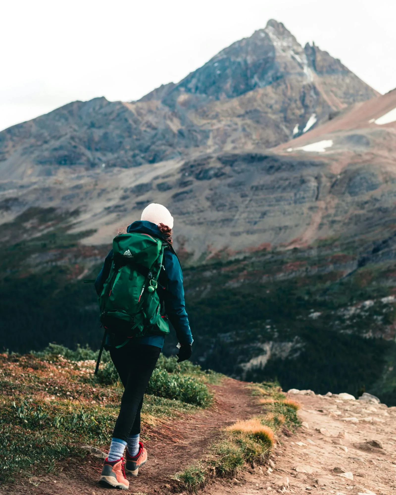 Backpacker on a scenic trail with mountain backdrop in Canada's wilderness.