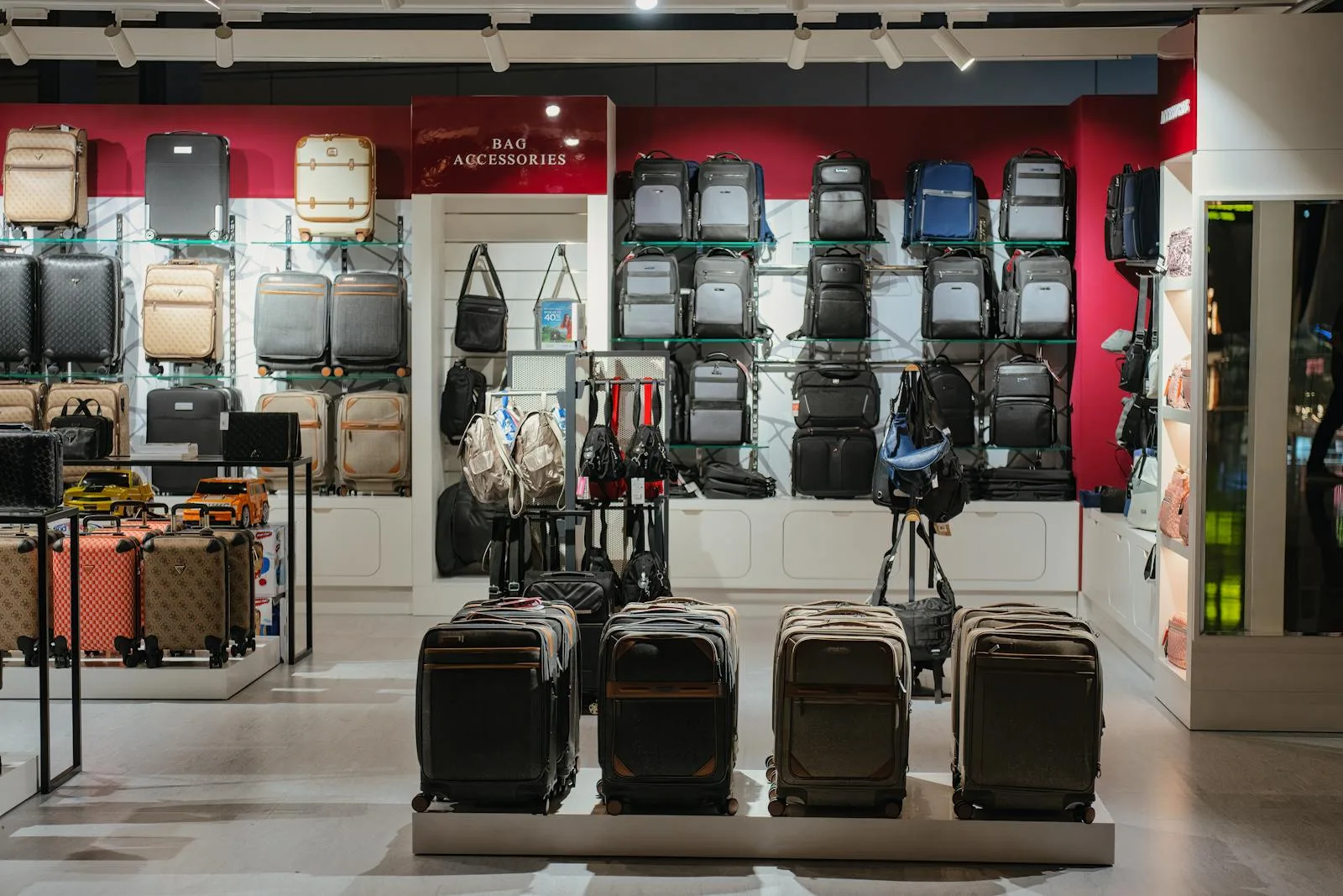 Elegant luggage display in a premium Doha airport shop, Qatar