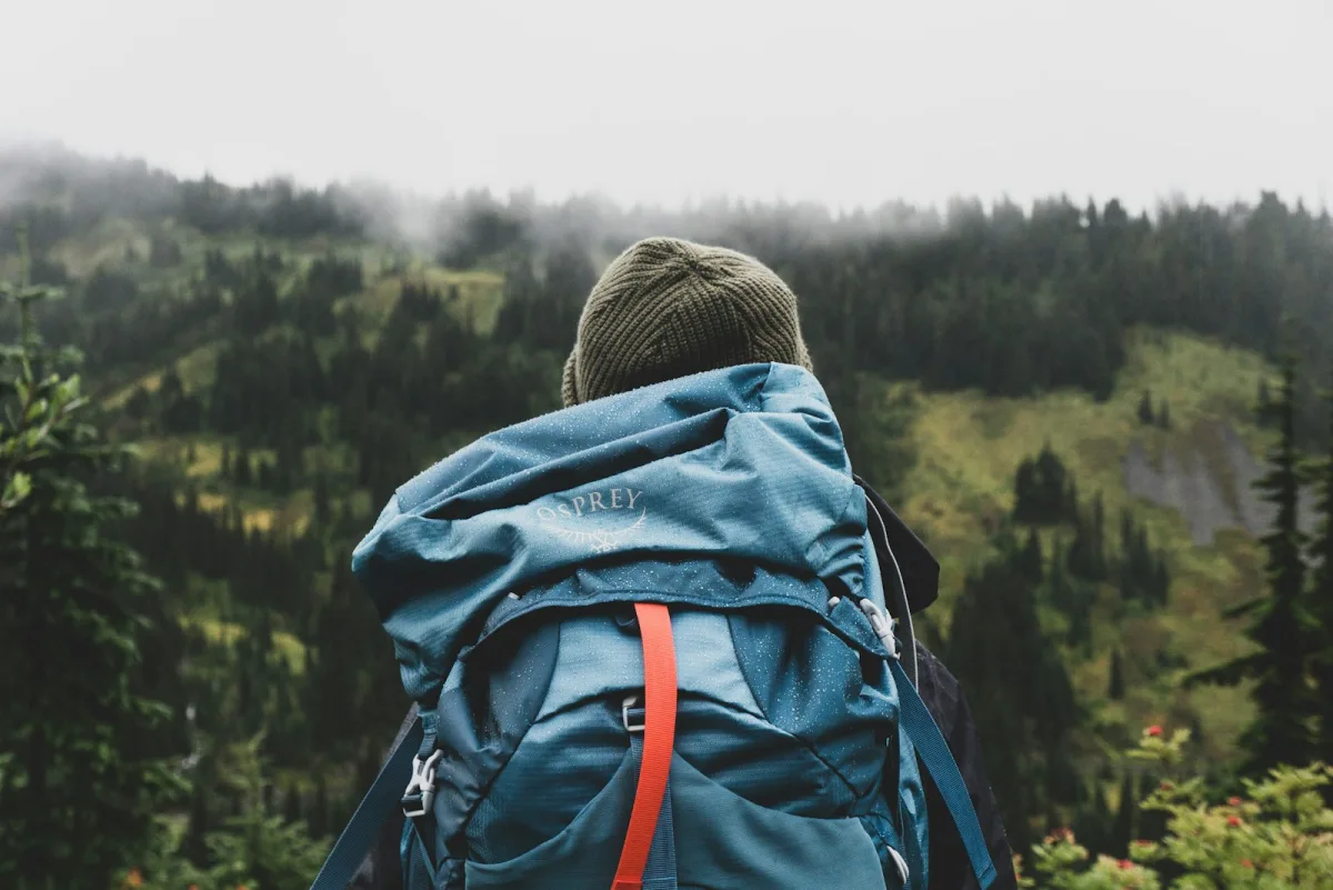 Hiker in a teal day pack facing a mountain ridge
