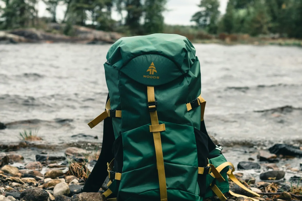 Green and black backpack set down on a wooden log