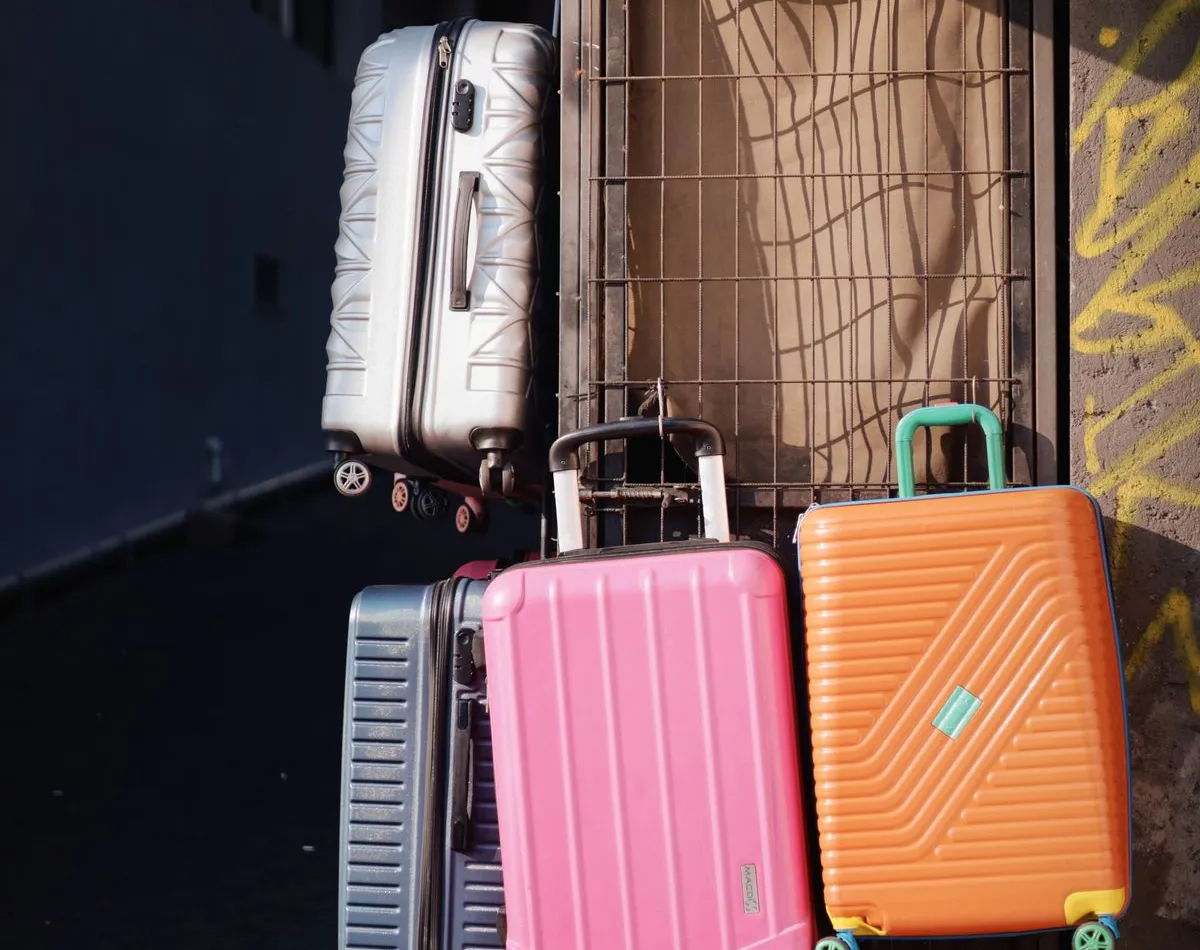 Four hardshell carry-on suitcases standing in a row against a wall, each a slightly different size