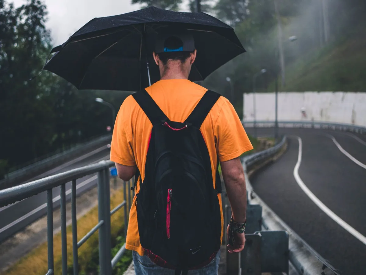 Rear view of a walker with an umbrella on a wet road