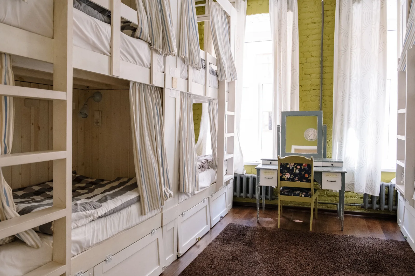 Bunk beds in a hostel dorm room