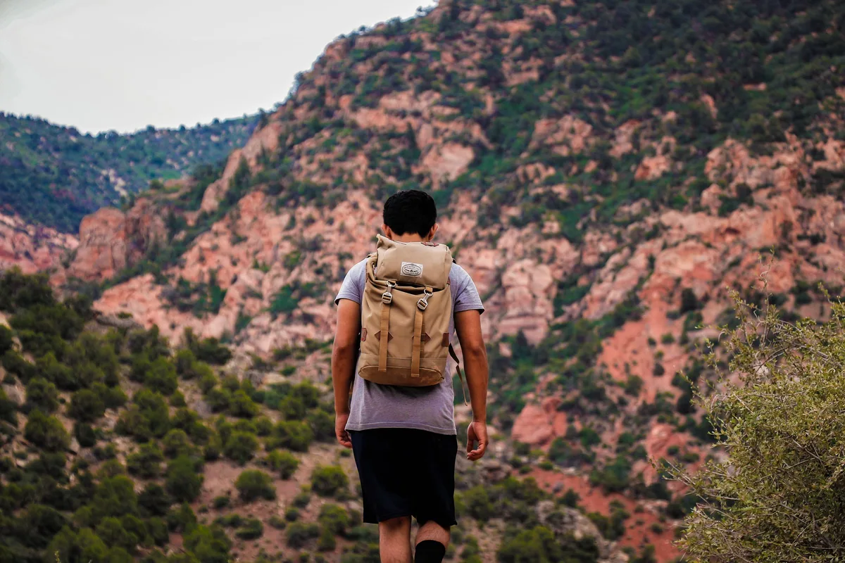 Hiker with a tan backpack facing a red rock valley